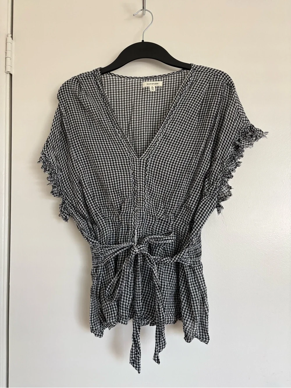 Max Studio Black White Gingham V-Neck Ruffle Sleeve Blouse